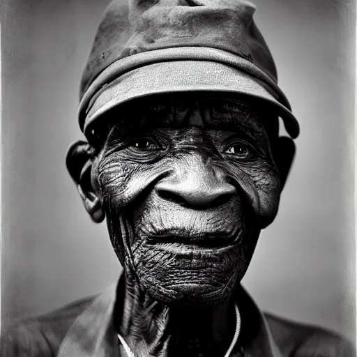 Image similar to black and white photo, portrait of 100 year old congo mineworker by richard avedon, realistic, Leica, medium format, cinematic lighting, parallax, high resolution,