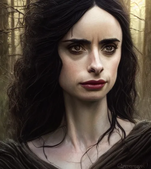 Image similar to 5 5 mm close up portrait photo of krysten ritter as yennefer of vengerberg with purple eyes in black leather armor and long black wavy hair, in a forest. magical atmosphere. art by greg rutkowski. lifelike. very detailed 8 k. intricate. soft light. nikon d 8 5 0.