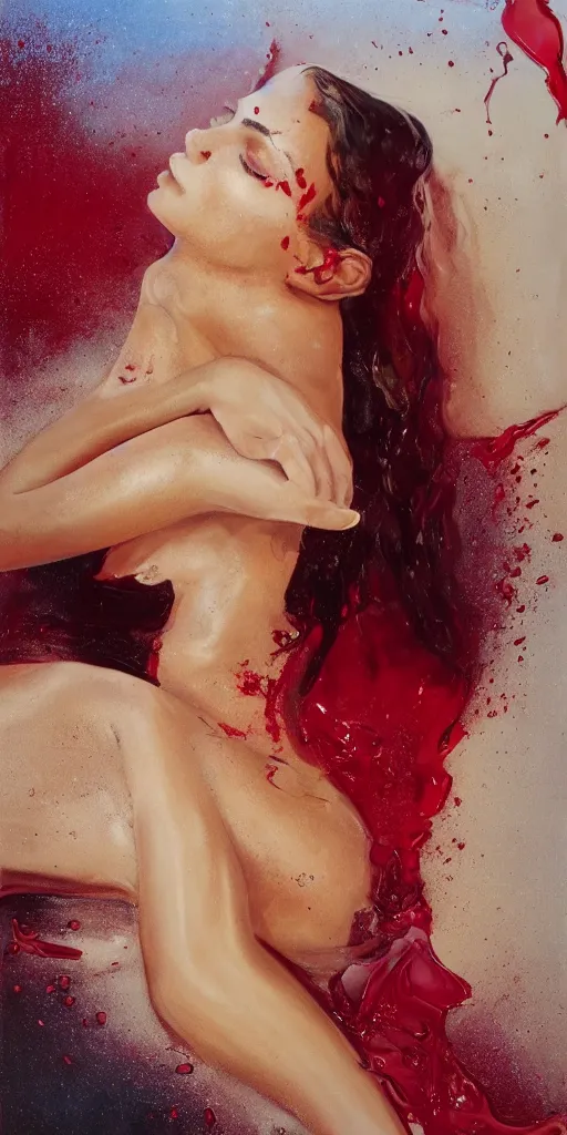 Image similar to Emily Ratajkowski with beautiful face and full body laying in a blood red pool of water between a bright golden glowing mirror frame, outside is space and inside the mirror frame is a beautiful landscape. Hyperrealistic surreal 4K IMAX Rene Margritte intricate, elegant, highly detailed, digital painting, artstation, concept art, smooth, sharp focus, illustration, art by artgerm and greg rutkowski and alphonse mucha
