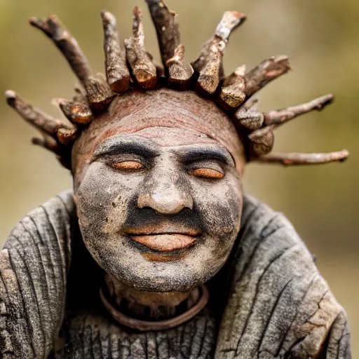 Image similar to pine cone headed man with hard black eyes very happy, rule of thirds, super sharp, 4 k, ultra detailed.