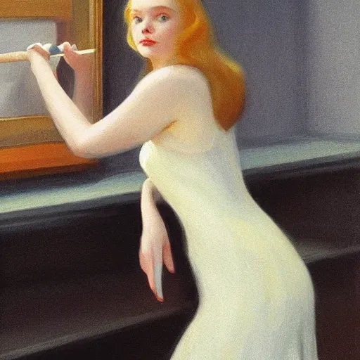 Prompt: Painting of Elle Fanning lighting a match, long blonde hair, delicate, pale milky white porcelain skin, by Edward Hopper. 8K. Extremely detailed.