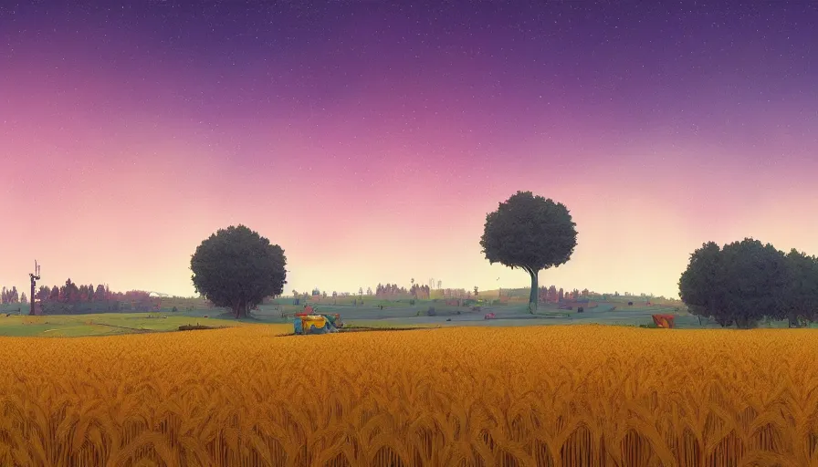 Prompt: colourful sky, wheat field, combine, big trees, matte painting, art station, digital art, simon stalenhag