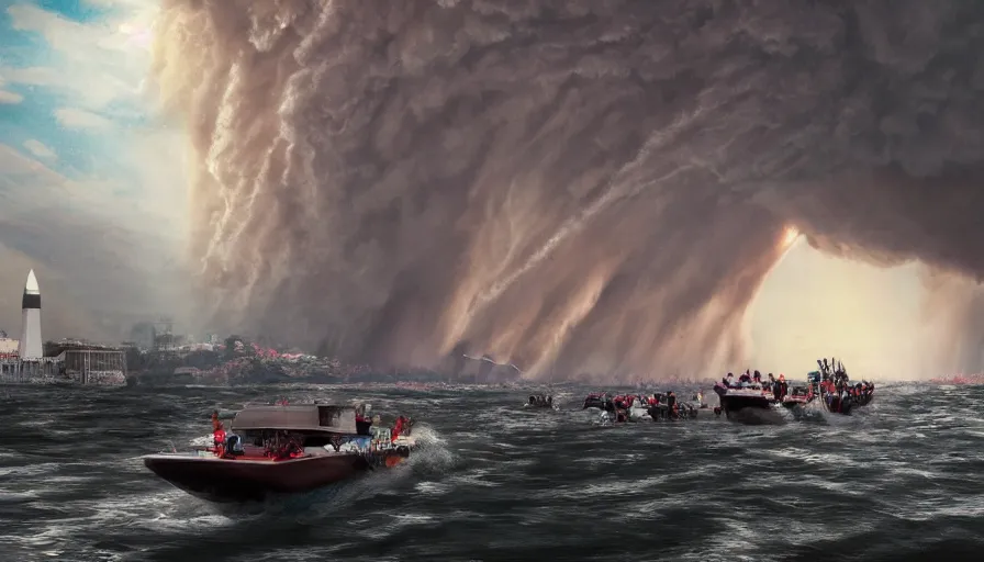Prompt: people on a boat on potomac river looking giant tornado destroying washington dc, hyperdetailed, artstation, cgsociety, 8 k