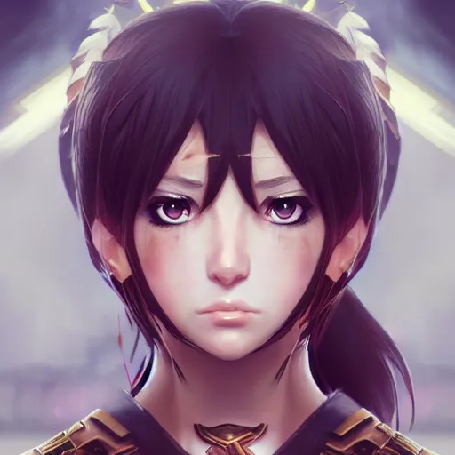 Image similar to a female warrior, character art portrait, anime key visual, official media, illustrated by wlop, extremely detailed, 8 k, trending on artstation, cinematic lighting, beautiful