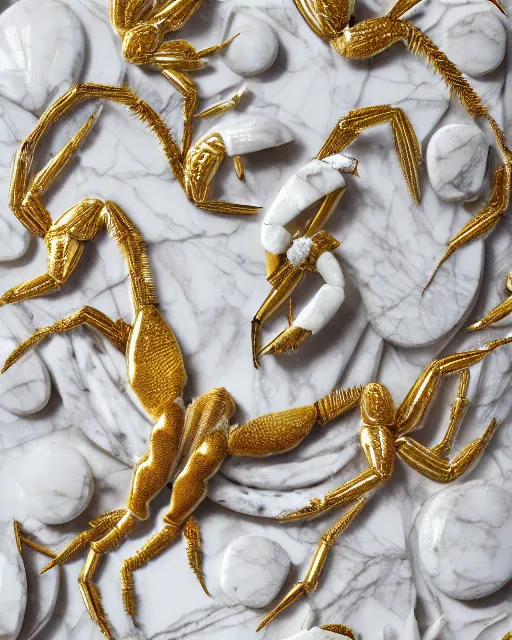 Prompt: white calacatta gold marble, white and gold kintsugi, bas relief carving, feminine shapes, crab shapes, spider shapes, scorpion shapes, tarantula shapes, stunning, highly detailed, intricately detailed, octane, 8 k, trending on artstation