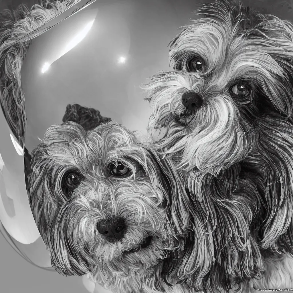 Prompt: full length portrait of a havanese dog reflected in a chrome sphere, ultra wide 1 0 mm, by m c escher pen and paper