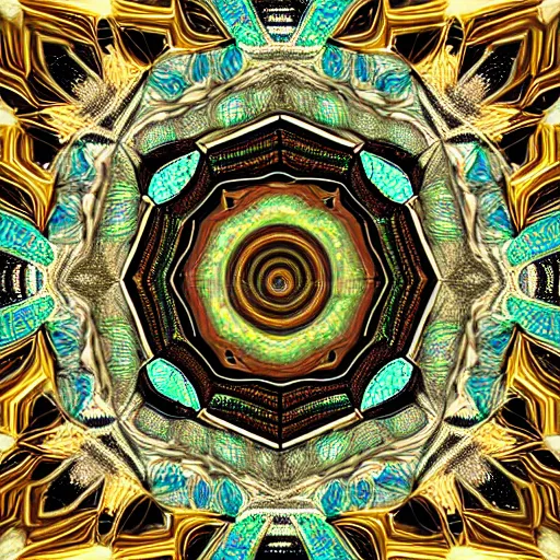 Image similar to three dimensional multilayered pattern vortex inside a hexagonal shape from the twisting nether, swirling, intricate detail, complex, jade, gold, silver, obsidian, ornate,