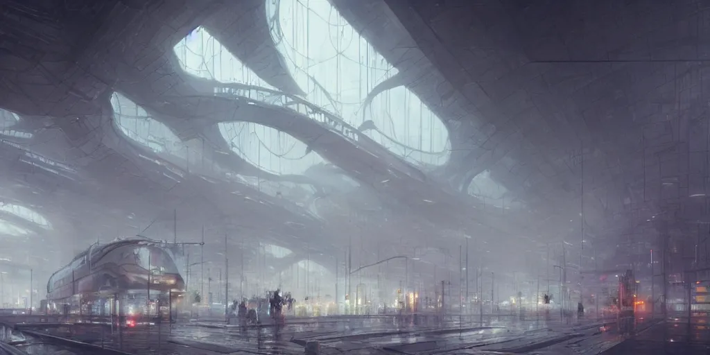 Image similar to futuristic train station by greg rutkowski and ruan jia, washed colors, dark, moody, gloomy, foggy,