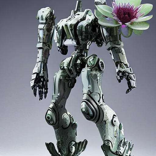 Image similar to futuristic nymphaea themed mecha waterlily upper body, sepals around the neck, powerful mecha, rococo, sci - fi movie, cinematic compositions, highly detailed, nymphaea, 8 k hd resolution, sazabi, biomechanical, bandai box art, makoto kobayashi, zaha hadid,