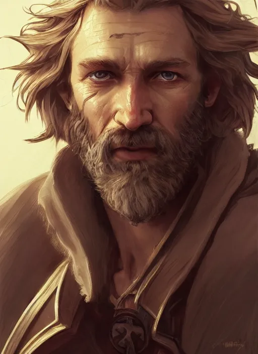 Prompt: 35 year old paladin missing an eye, Glowing white eye, shaggy hair, sad, scruffy beard, dungeons and dragons portrait, highly detailed, realistic body, digital painting, artstation, concept art, sharp focus, illustration, art by artgerm and greg rutkowski and alphonse mucha, Unreal Engine, 8k, HD