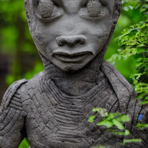 Image similar to weathered Maya stone statue of an alien in front of a wide, foggy valley with beautiful waterfall in the jungle, award winning photography, 8k