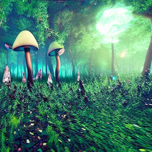 Prompt: a forest of magic mushrooms, trending on artststion, by unreal engine. hyperdetailed, realistic, psychedelic, night