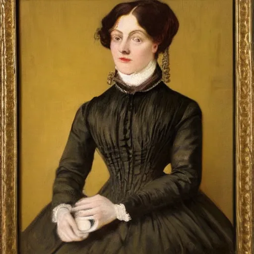 Image similar to portrait of a Victorian woman holding a teacup, oil on canvas, highly detailed, uncluttered,