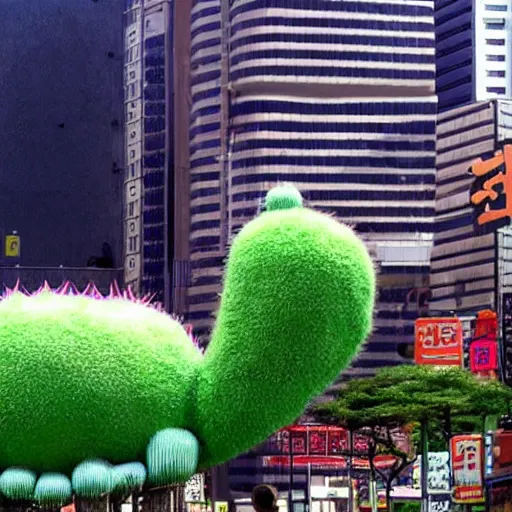 Prompt: giant cactus monster in tokyo city throws watermelons
