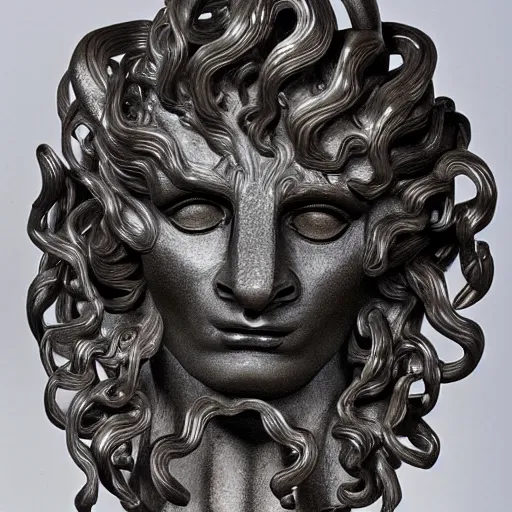 Image similar to medusa sculpted by szukalski and Arno Breker, black bronze,