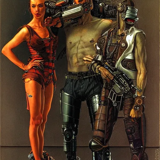 Prompt: portrait of three cyberpunk hired guns, by gerald brom and norman rockwell
