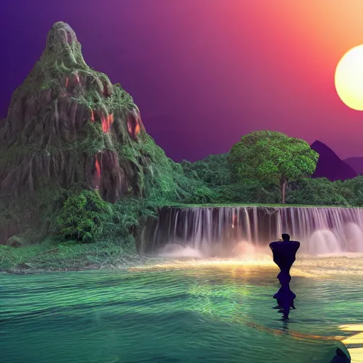 Image similar to a low-poly render of a big purple hand holding the orange setting sun on the ocean horizon. a green tinted transparent beckoning lady in front of a waterfall. a cream colored abandoned building featuring two statues and pitch black periphery. a prehistoric jungle scene with a mountain in the background.