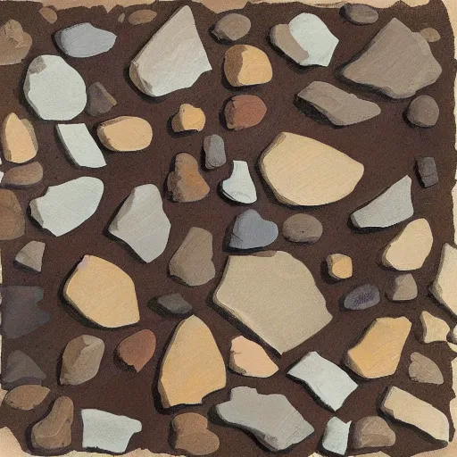 Image similar to masterpiece intricate abstract painting of hundreds of small square rocky shapes emerging in rich earthy tones. abstract quality with an engineered look. wind blown sketch lines. even light.