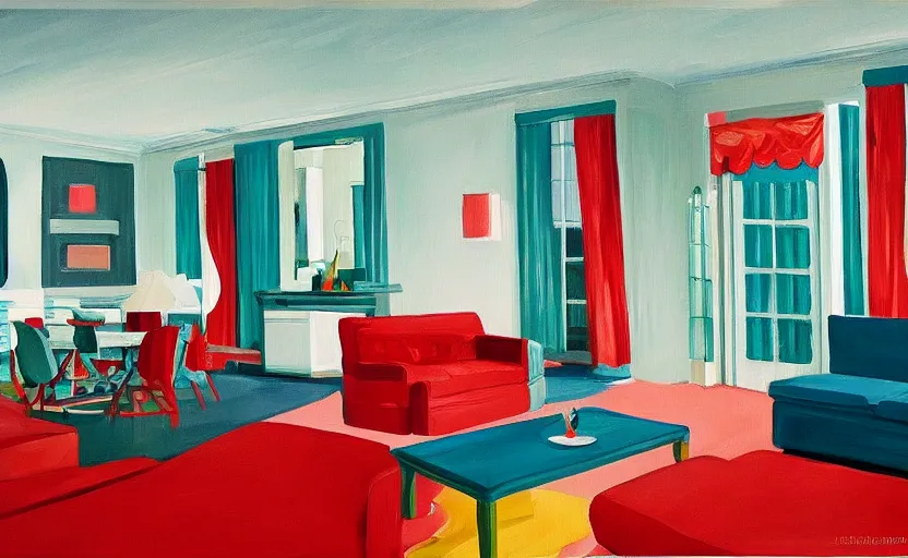 Prompt: Interior shot of a white boujee mansion with modern colorful furniture, very coherent, painted by Edward Hopper, painted by DotPigeon airbrush, art by David Hockney