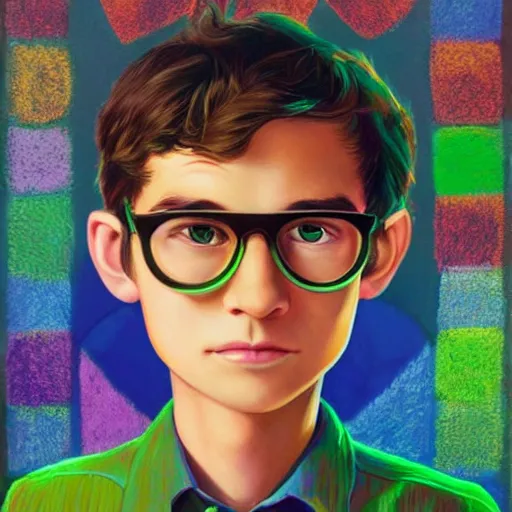 Prompt: a young man with glasses and short wavy brown hair and glowing green eyes as a super hero, pixar cute, highly detailed, sharp focus, neon color, digital painting, artwork by Jeremiah Ketner + Mati Klarwein + Fintan Magee + Chris Mars