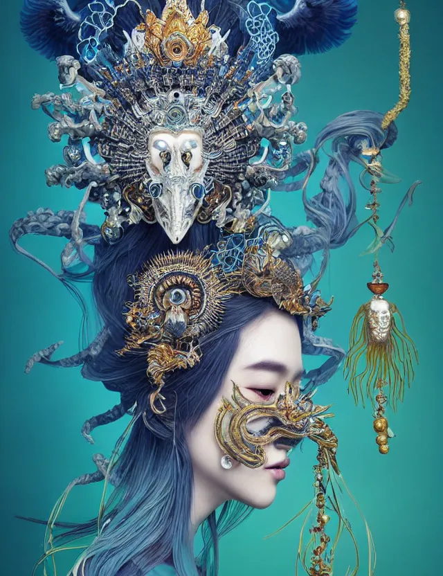 Image similar to goddess portrait with mask and crown made of ram skull. beautiful intricately detailed japanese crow kitsune mask and clasical japanese kimono. betta fish, jellyfish phoenix, bioluminescent, plasma, ice, water, wind, creature, super intricate ornaments artwork by tooth wu and wlop and beeple and greg rutkowski