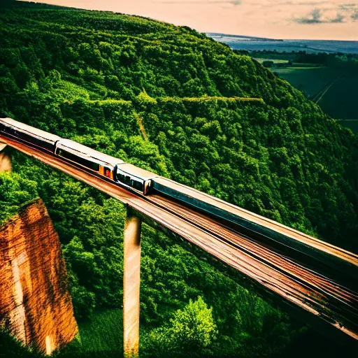 Image similar to 90s kodak photo of a rural countryside, hilly, sharp cliffs, forested, natural, beautiful, warm lighting, hyperdetailed, tilt shifted, highway, train bridge, digital photography