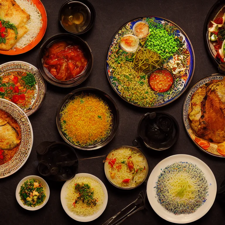 Prompt: close - up focused dslr photograph of an iranian dinner, 8 k, high detail, volumetric lighting, hyperrealism, aesthetically pleasing, studio lighting, trending