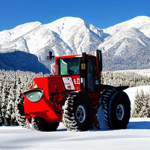 Prompt: snowtruck pistonbully, clear weather, snowy mountains at background