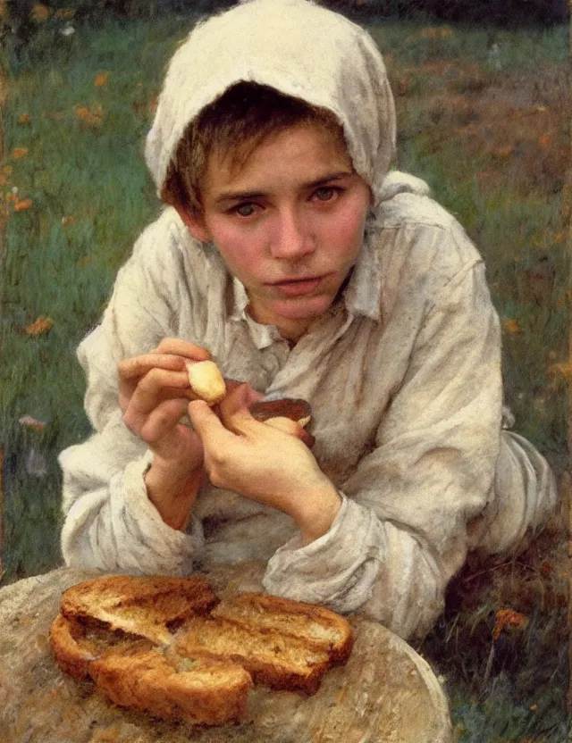 Image similar to portrait of peasant boy biting a bread, cottage core, cinematic focus, polaroid photo bleached vintage pastel colors high - key lighting, soft lights, foggy, by steve hanks, by lisa yuskavage, by serov valentin, by tarkovsky, detailed, oil on canvas