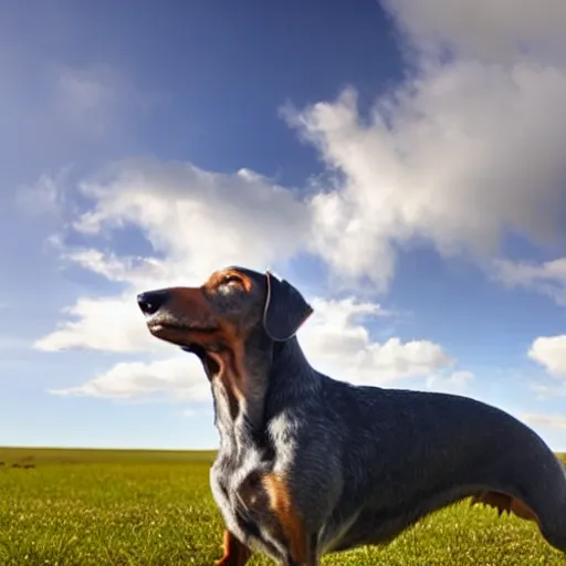 Prompt: grey, elderly wire-haired dachshund flying in heaven, floating in the sky, blue sky, surrounded by beautiful white clouds, heaven landscape