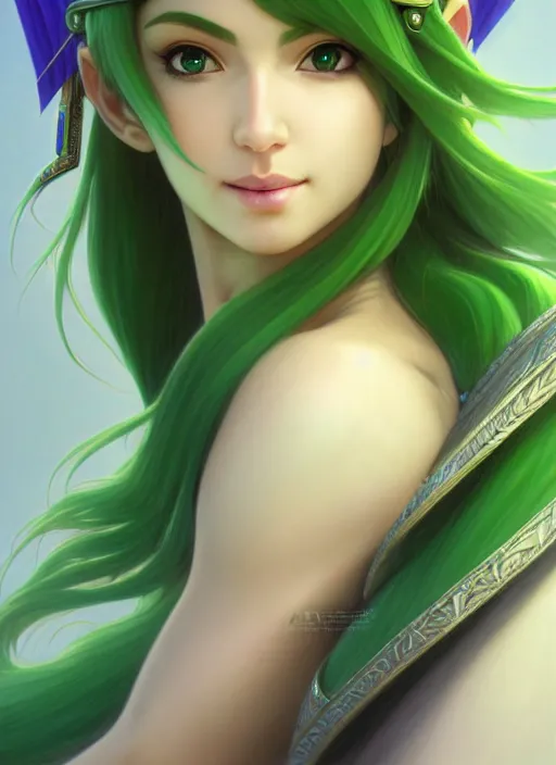 Image similar to portrait, head and body only, palutena, green hair, concept art, digital illustration, by rossdraws, frank franzzeta, intricate, masterpiece, elegant, hyper detailed, artstation, unreal engine rendered, concept art, smooth, sharp focus, illustration, art by artgerm and greg rutkowski and alphonse mucha and garis edelweiss