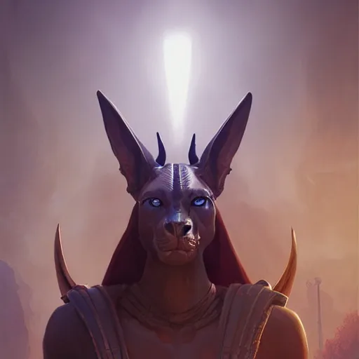 Image similar to portrait of a fierce anubis with red glowing eyes, by greg rutkowski, octane render, unreal engine, hyper realistic, digital art, unreal engine