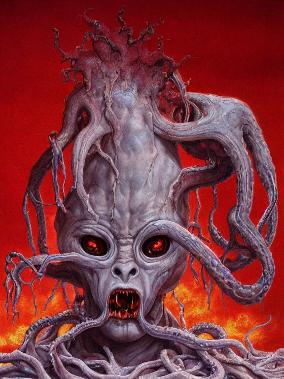 Image similar to wayne barlowe painting of a flying sorrowful looking severed human head, floating head with tears running down it's eyes, face that is chalk white in color, with long white tentacles stemming from it's neck, fiery scorching red eyes, background sprawling terrifying hellish cave with lava flowing through it's walls, 4 k