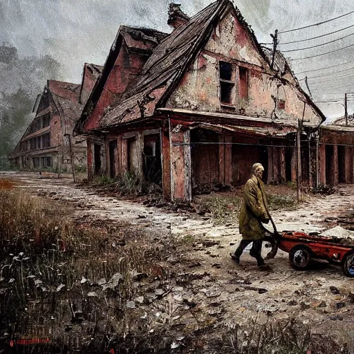 Image similar to painting by jakub rozalski of a person walking with a wheelbarrow in an abandoned post soviet town infested with root monsters