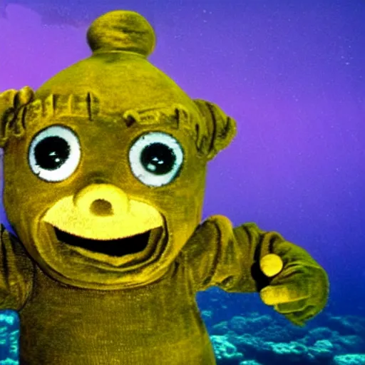 Image similar to rusted barnacle covered teletubby at the bottom of the ocean