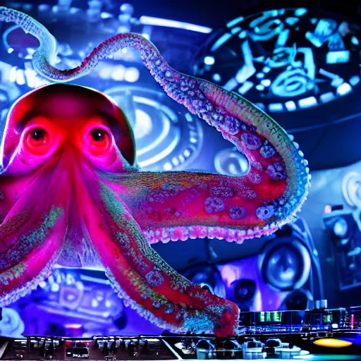 Image similar to award winning closeup photo, film still of an octopus! as a dj with tentacles! simultaneously placed turntables cdjs and knobs of a pioneer dj mixer. sharp, blue and fuschia colorful lighting, in front of a large crowd, studio, medium format, 8 k detail, volumetric lighting, wide angle, at an outdoor psytrance festival main stage at night