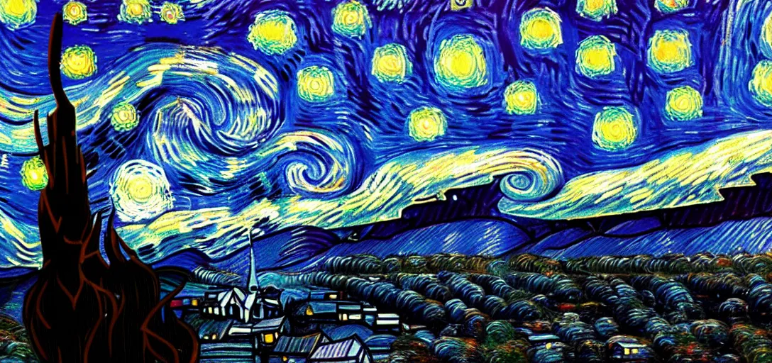 Prompt: Starry Night on a post apocalyptic landscape, ultra wide angle, pincushion lens effect, dramatic, trending on artstation