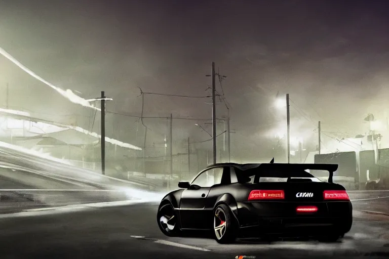 Prompt: widebody all black audi camaro b 6 ( 2 0 0 5 ), need for speed : carbon, at night, sci - fi, neon lines, phonk music background, smoke behind wheels, noise, dark, establishing shot, by simon stalenhag