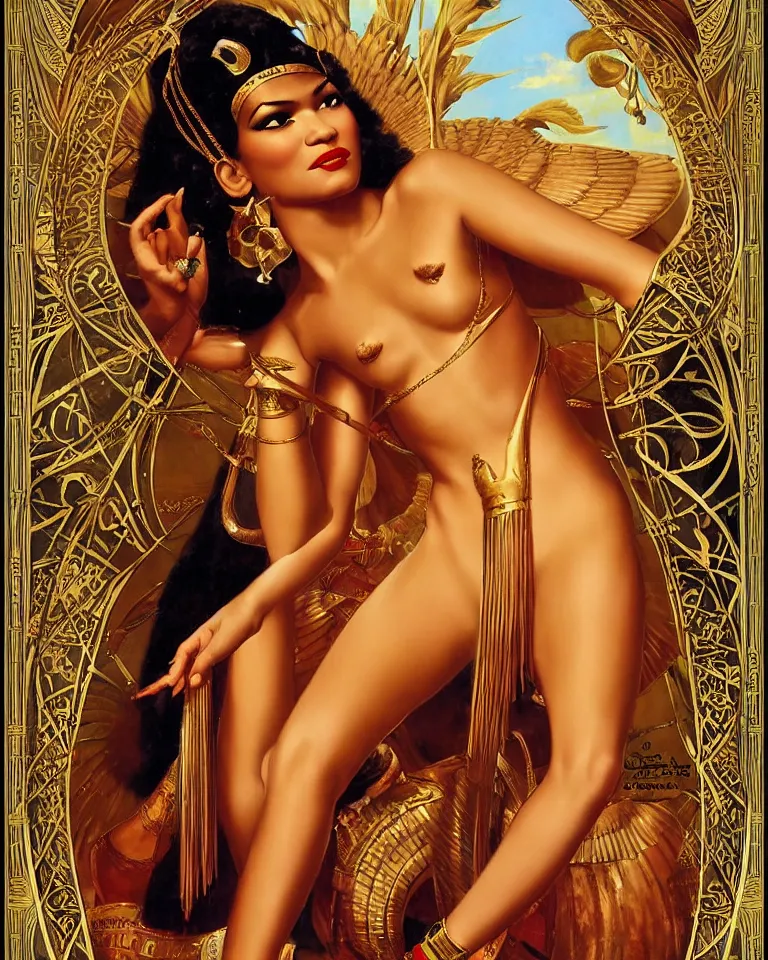 Image similar to zendaya as isis the Egyptian goddess, a beautiful art nouveau portrait by Gil elvgren, Nile river environment