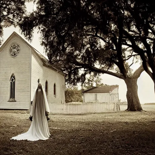 Image similar to picture of ghostly bride in front of an old wooden white church, 1 9 th century southern gothic scene, taken by crewdson, gregory