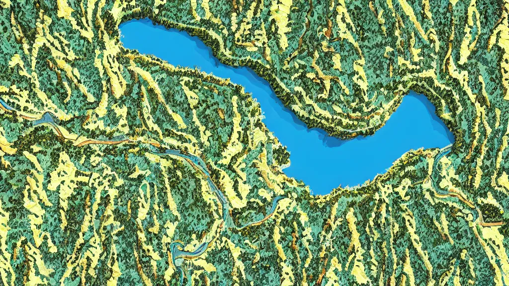 Image similar to High-Quality realist painting of a river crossing a valley in the Alps, isometric aerial view, peaceful, very detailed, digital art.