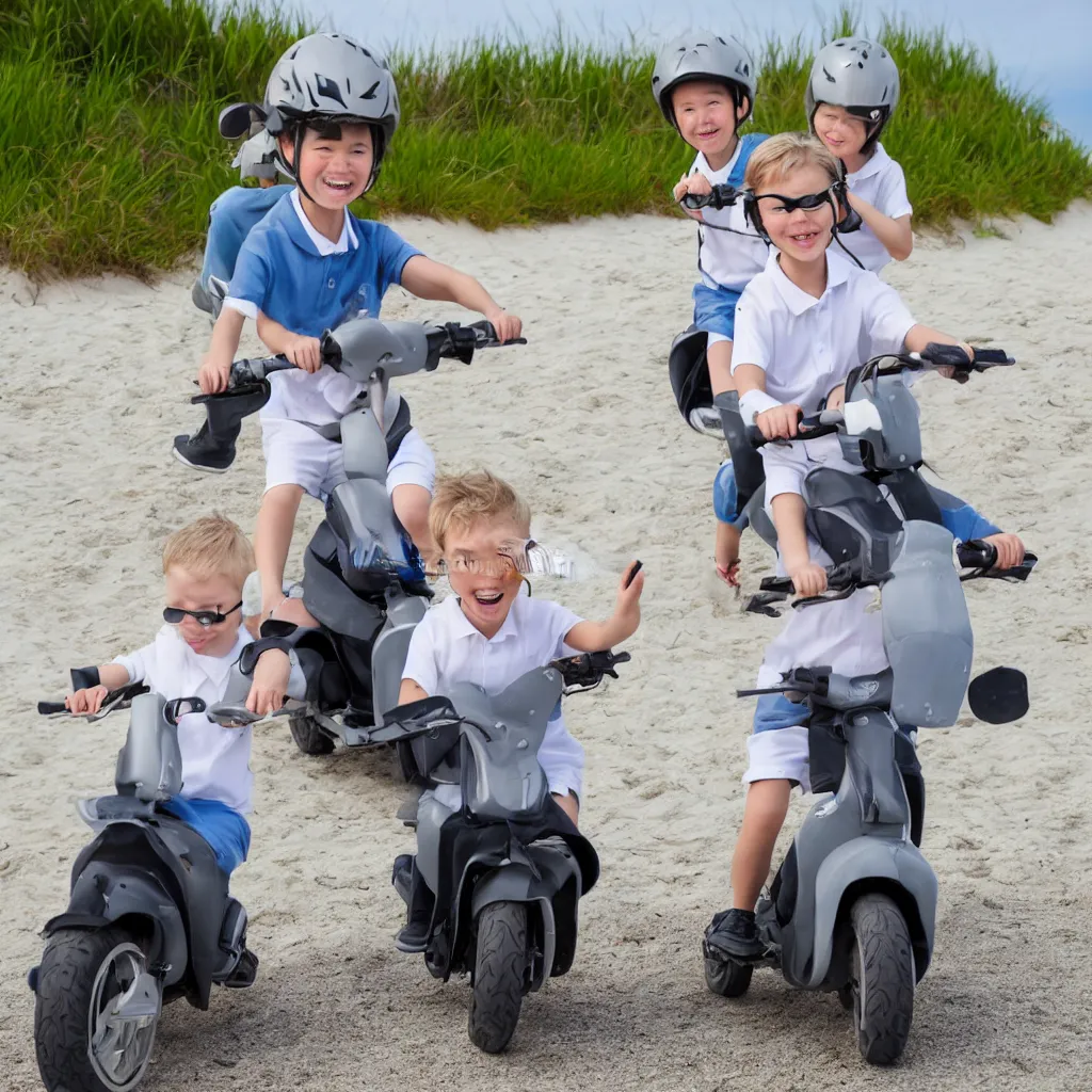 Prompt: very detailed stockphoto of two kids wearing a grey school uniform riding a scooter along the beach