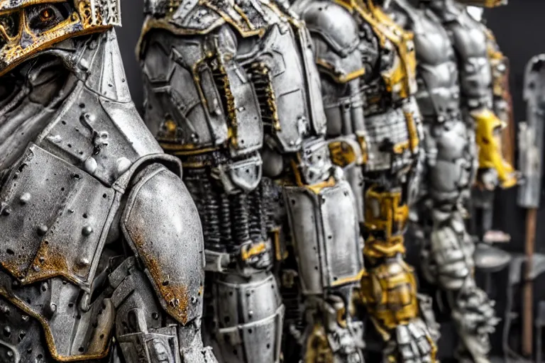 Image similar to photo taken of an epic intricate, ultra detailed, super realistic gritty, hero prop, exquisitely weathered armoured hazardsuit movie prop replica's in a row in the workshop, created by weta workshop, full body shot, photorealistic, sharp focus, white wall, cold colour temperture, golden ratio