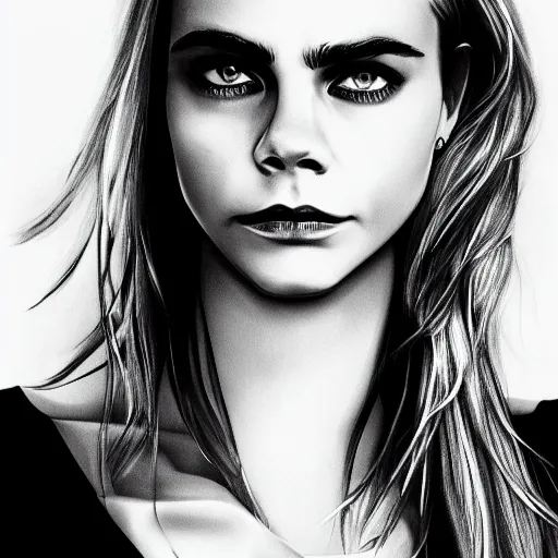 Prompt: minimalistic black and white portrait of cara delevigne, ink on canvas, trending on artstation, eyes, eyebrows, nose, lips, detailed, art