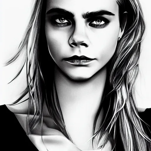 Image similar to minimalistic black and white portrait of cara delevigne, ink on canvas, trending on artstation, eyes, eyebrows, nose, lips, detailed, art