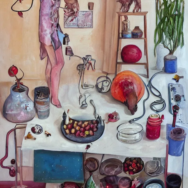 Image similar to a self - portrait in a female artist's bedroom, a female pathologist with a piglet, a pomegranate, pork, surgical equipment, handmade pottery, plants in beakers, feminine, sensual, octopus, squashed berries, pancakes, neo - expressionism, surrealism, acrylic and spray paint and oilstick on canvas