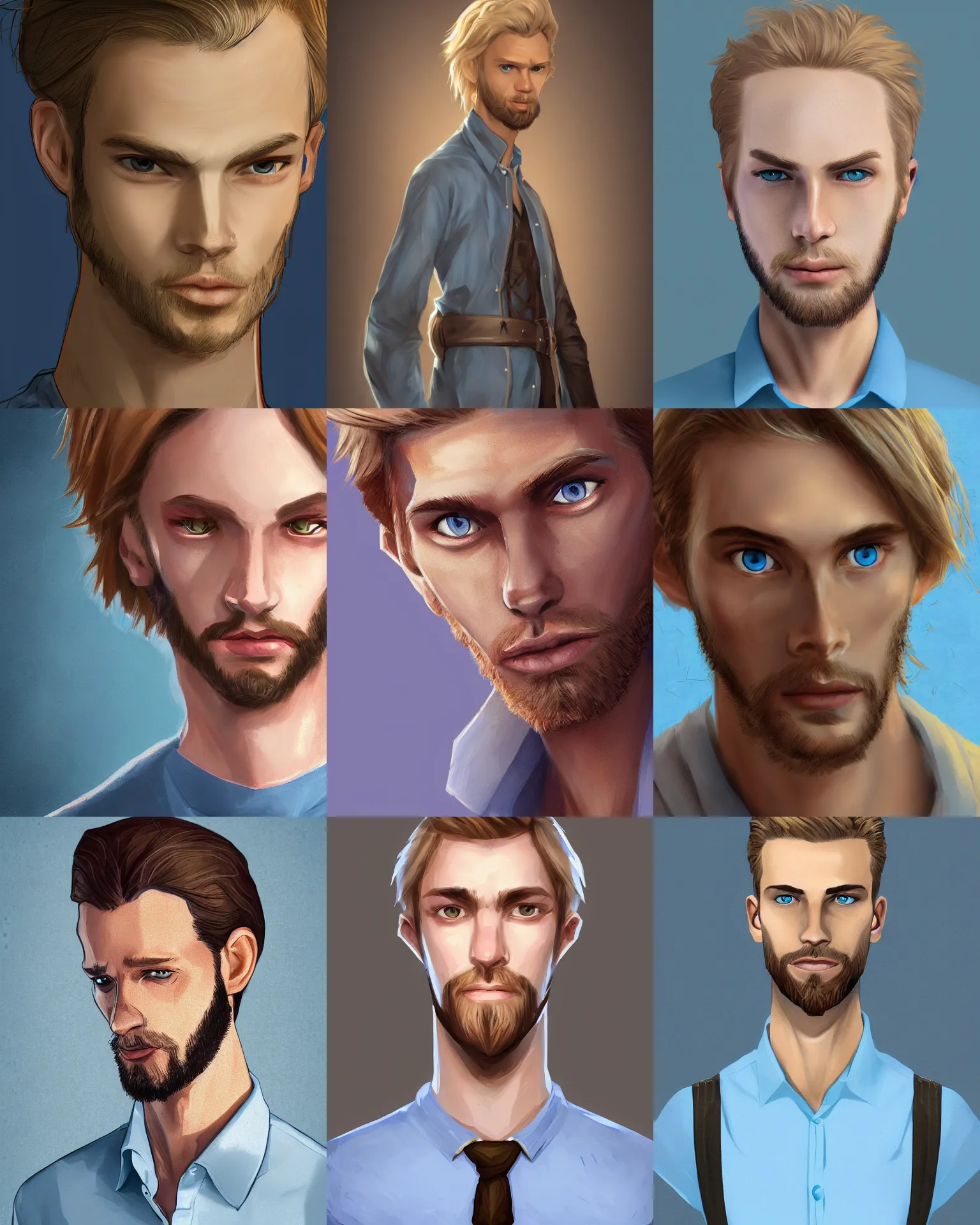 Prompt: digital portrait of a skinny european male, slightly longer blond hair and a light stubble beard, wearing a light blue shirt, blue eyes, rugged, teenage, fantasy, wizard, trending artstation, dungeons & dragons, neutral expression, dark lighting, high detail