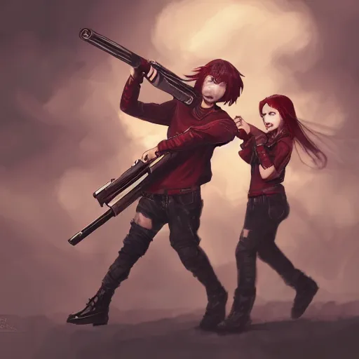 Prompt: a concept art of a boy and a girl with red hair holding a gun, gothic clothes, action shot, highly detailed, digital painting, artstation, concept art, smooth, sharp focus, illustration