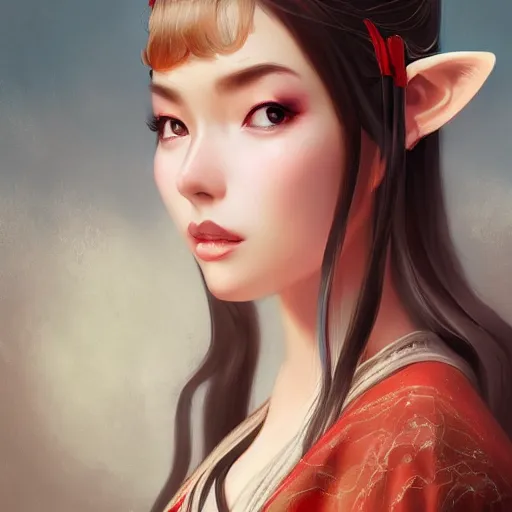 Image similar to A potrait of a beautiful, shapely woman with fox ears wearing a modest kimono from Skyrim, digital painting, by Stanley Artgerm Lau, WLOP, Rossdraws, LeraPi, and Sakimichan, digtial painting, trending on ArtStation, deviantart, SFW version