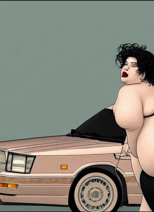 Prompt: fat woman posing near a ford taurus lx 1 9 8 6, intertwined, gothic, rich deep colrs, drawn by by kim jung gi, takato yamamoto. masterpiece. rendered in blender, smooth shadows, ultra detail, high resolution, cinematic unreal 6, 8 k